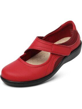 Women's Red Mary Jane Walking Shoes Strap Orthopedic Comfortable Cushioned Flats